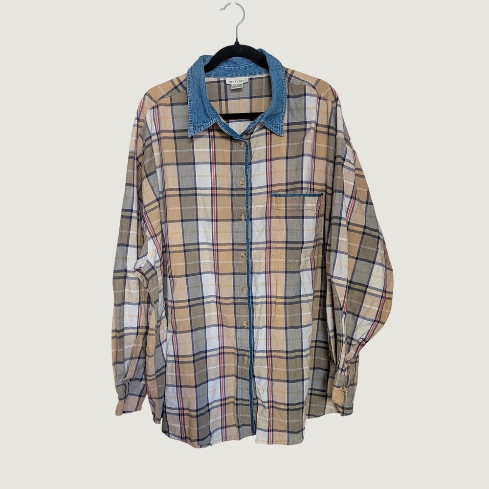 The Avenue 90s Vintage Plaid Button Down Shirt Denim Collar Plus Size 26/28